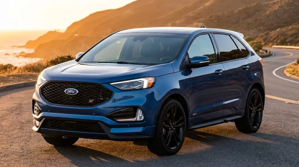 Ford Edge Oil Capacity Chart: 2007-2026 Year and Engine 2 2021 Ford Edge ST 2.7L EcoBoost parked on a road, front three-quarter view