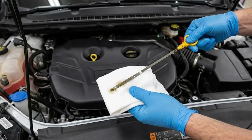 Ford Edge Oil Capacity Chart: 2007-2026 Year and Engine 3 Checking the engine oil dipstick on a Ford Edge 2.0L EcoBoost engine