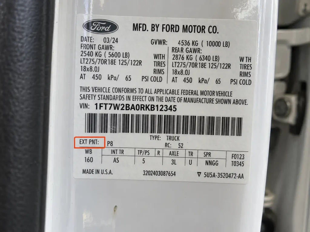 Ford F250 Paint Code Location and How to Read It 3 Ford F250 certification label showing the EXT PNT paint code fieldFord F250 EXT PNT label
Ford certification label paint code
F250 door jamb paint sticker
Ford exterior paint code sticker
Super Duty EXT PNT