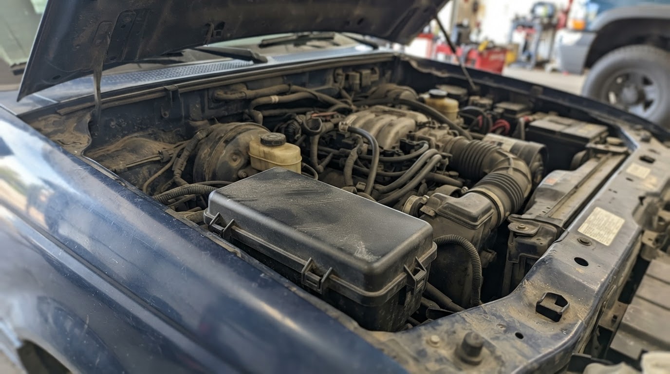 the engine bay of a compact pickup truck with a black plastic power distribution box cover visible on the driver side near the firewall and brake master cylinder