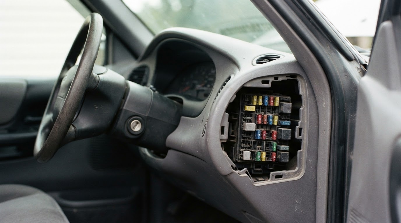the driver side end of the instrument panel inside a compact pickup truck with the fuse panel access door removed, revealing a numbered fuse panel at the end of the dash