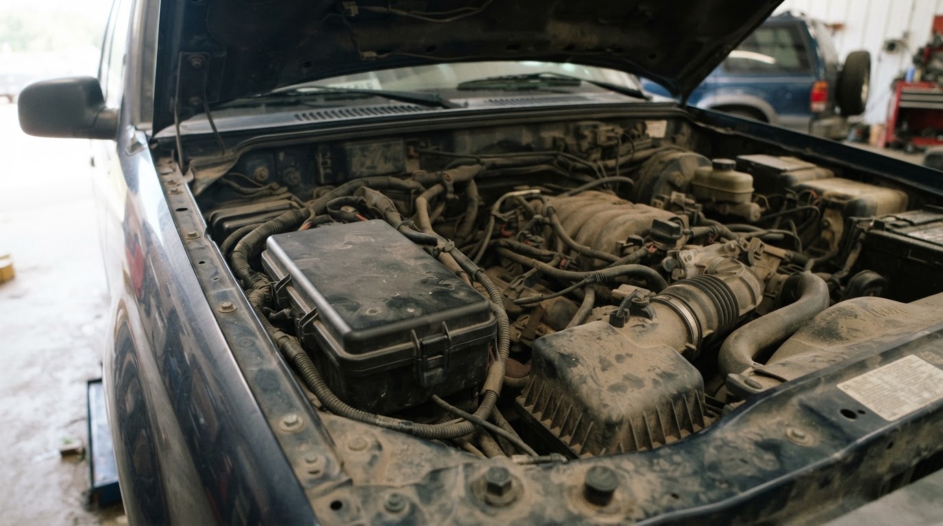 Engine compartment of a 2002 Ford Explorer showing the black power distribution box on the left side near the front fender