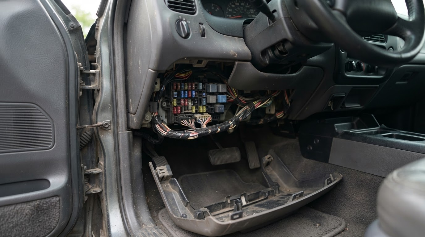 Driver side footwell of a 2002 Ford Explorer with the kick panel cover removed below the instrument panel, showing the fuse panel