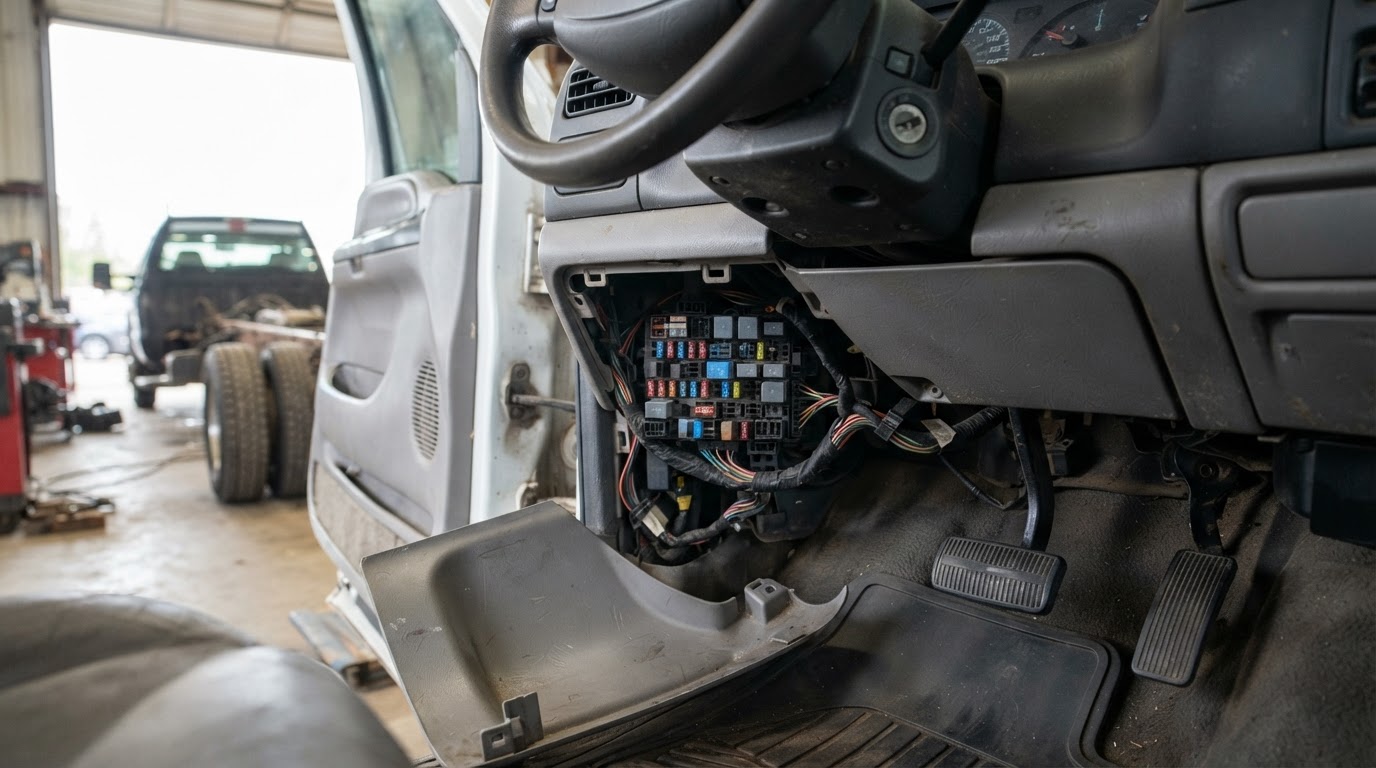 2002 Ford F-250 Fuse Box Diagram: Cabin and Under-Hood Charts 2 the driver side instrument panel of a 2002 Ford F-250 Super Duty with the kick panel cover removed below and left of the steering wheel, beside the brake pedal, revealing the fuse panel