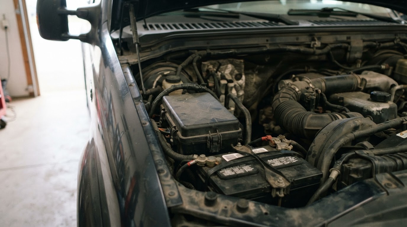 2002 Ford F-250 Fuse Box Diagram: Cabin and Under-Hood Charts 4 the engine compartment of a 2002 Ford F-250 Super Duty pickup truck showing the black power distribution box mounted at the driver side rear corner of the engine bay near the battery and firewall, hood open