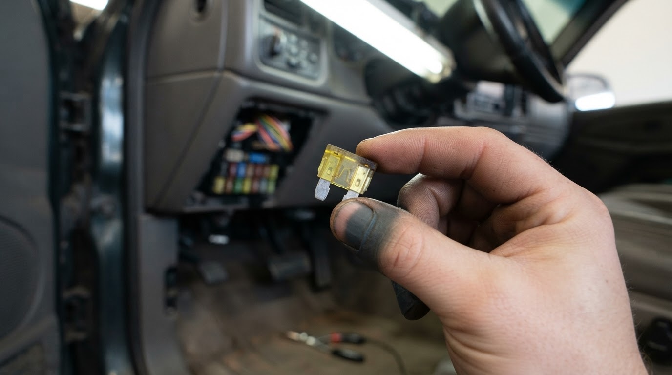 a mechanics hand holding a single small automotive blade fuse up close to an overhead light, showing the broken metal element inside the clear plastic body, workshop background softly blurred