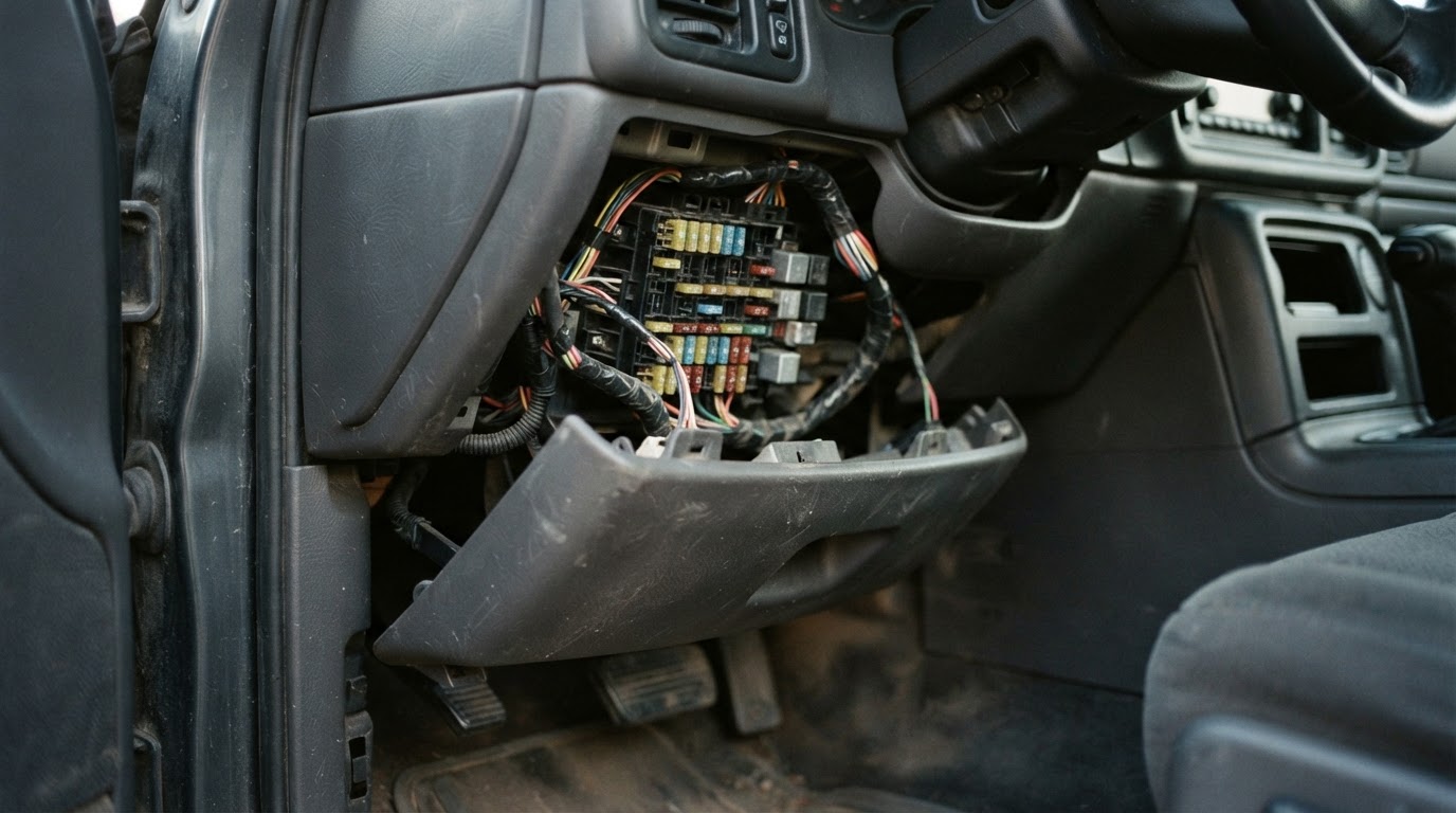 a dark trim panel pulled away from under the right side of a dashboard in an early 2000s American full size SUV, revealing a dense black plastic fuse panel underneath with many small colored fuses visible