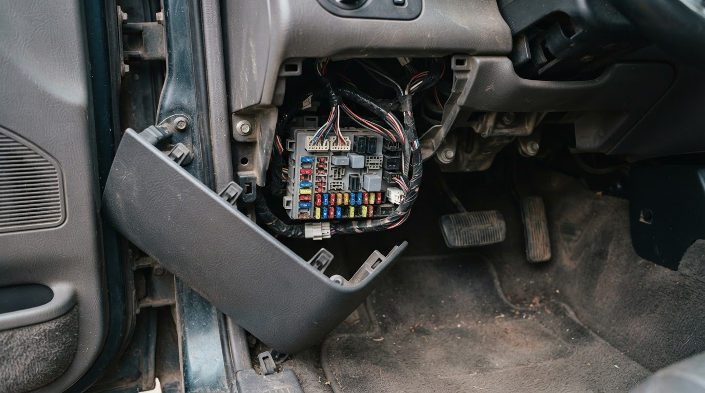 2003 Ford Explorer Fuse Box Diagram: Complete Fuse and Relay Guide 2 Driver side footwell of a 2003 Ford Explorer with the kick panel cover removed below the instrument panel, showing the fuse panel