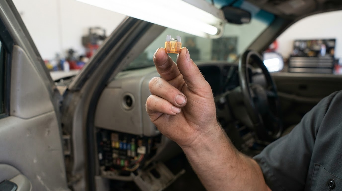 a mechanics hand holding a single small automotive blade fuse up close to an overhead light, showing the broken metal element inside the clear plastic body, workshop background softly blurred