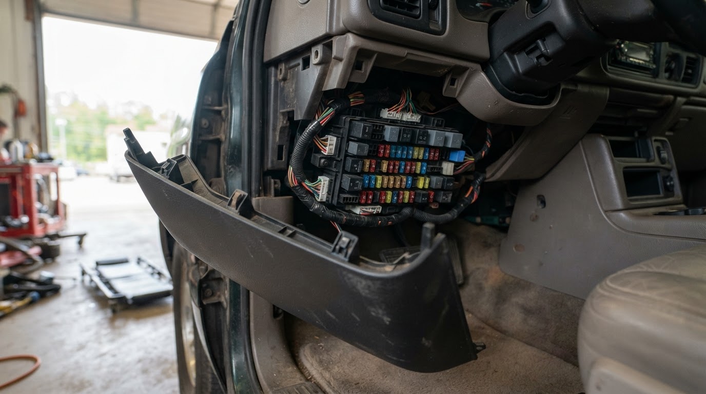 a dark trim panel pulled away from under the right side of a dashboard in an early 2000s American full size SUV, revealing a dense black plastic fuse panel underneath with many small colored fuses visible