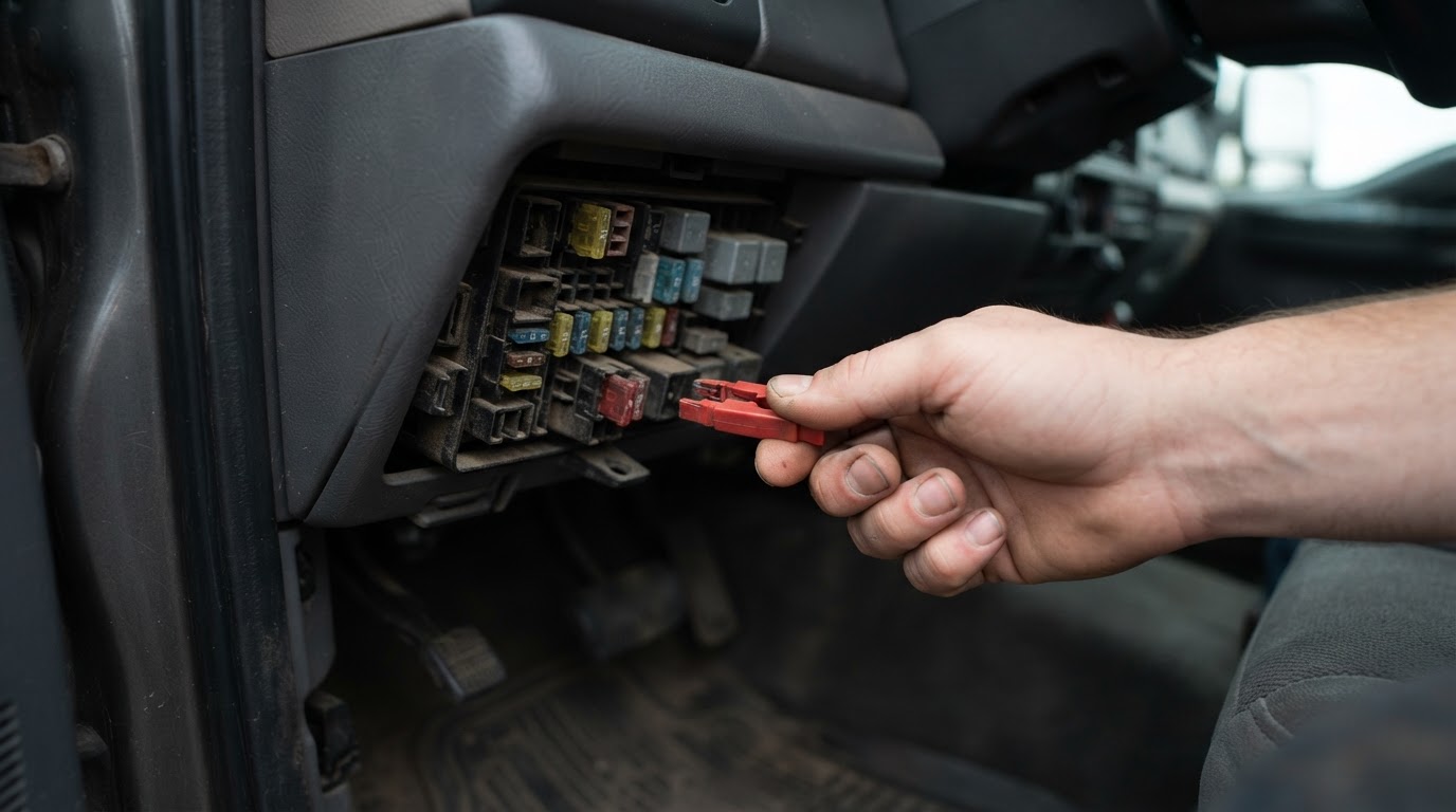 2004 Ford F-250 Fuse Box Diagram: Every Fuse and Amp Rating 4 a technician’s hand using a plastic fuse puller tool to remove a mini blade fuse from a pickup truck fuse panel, panel blurred in the background