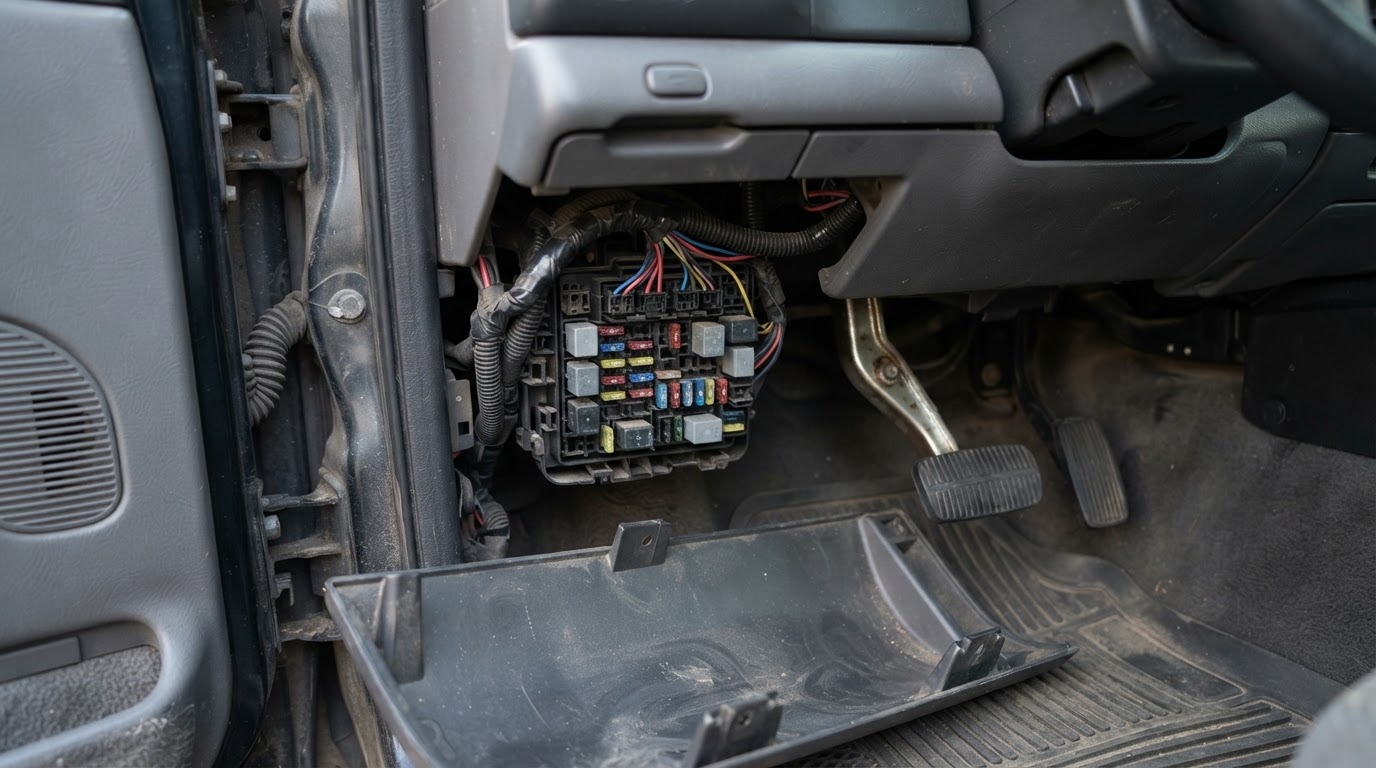 2004 Ford F-250 Fuse Box Diagram: Every Fuse and Amp Rating 2 the driver side footwell of a 2004 Ford F-250 Super Duty pickup truck with the kick panel cover removed, below and left of the steering wheel, beside the brake pedal, revealing the fuse panel