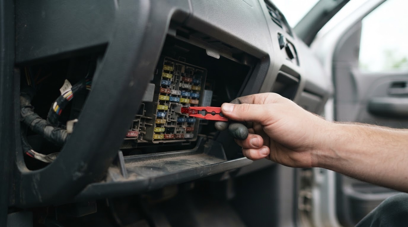 Technician using a plastic fuse puller to remove a mini blade fuse from a 2007 Ford F-150 fuse panel