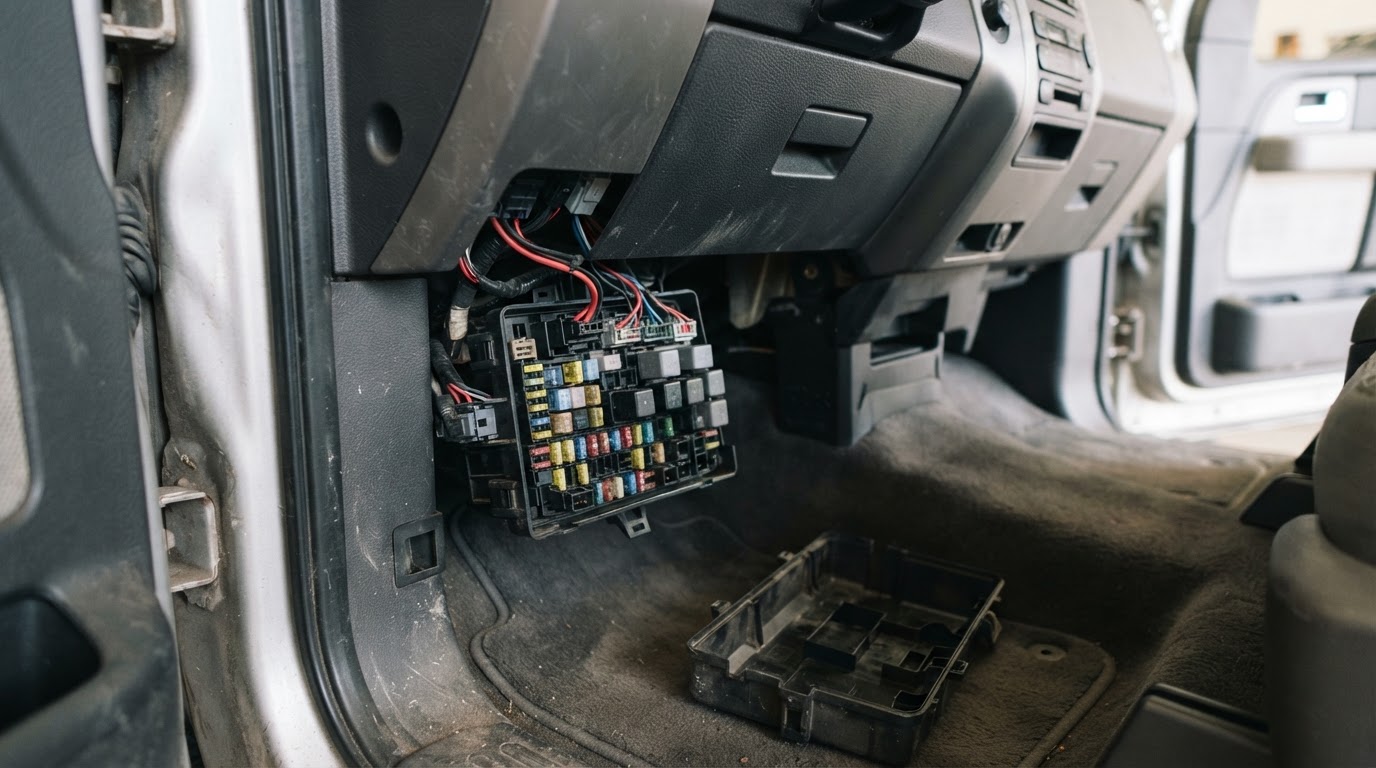 Passenger footwell of a 2007 Ford F-150 with the fuse box cover removed, showing the fuse panel under the right side of the instrument panel