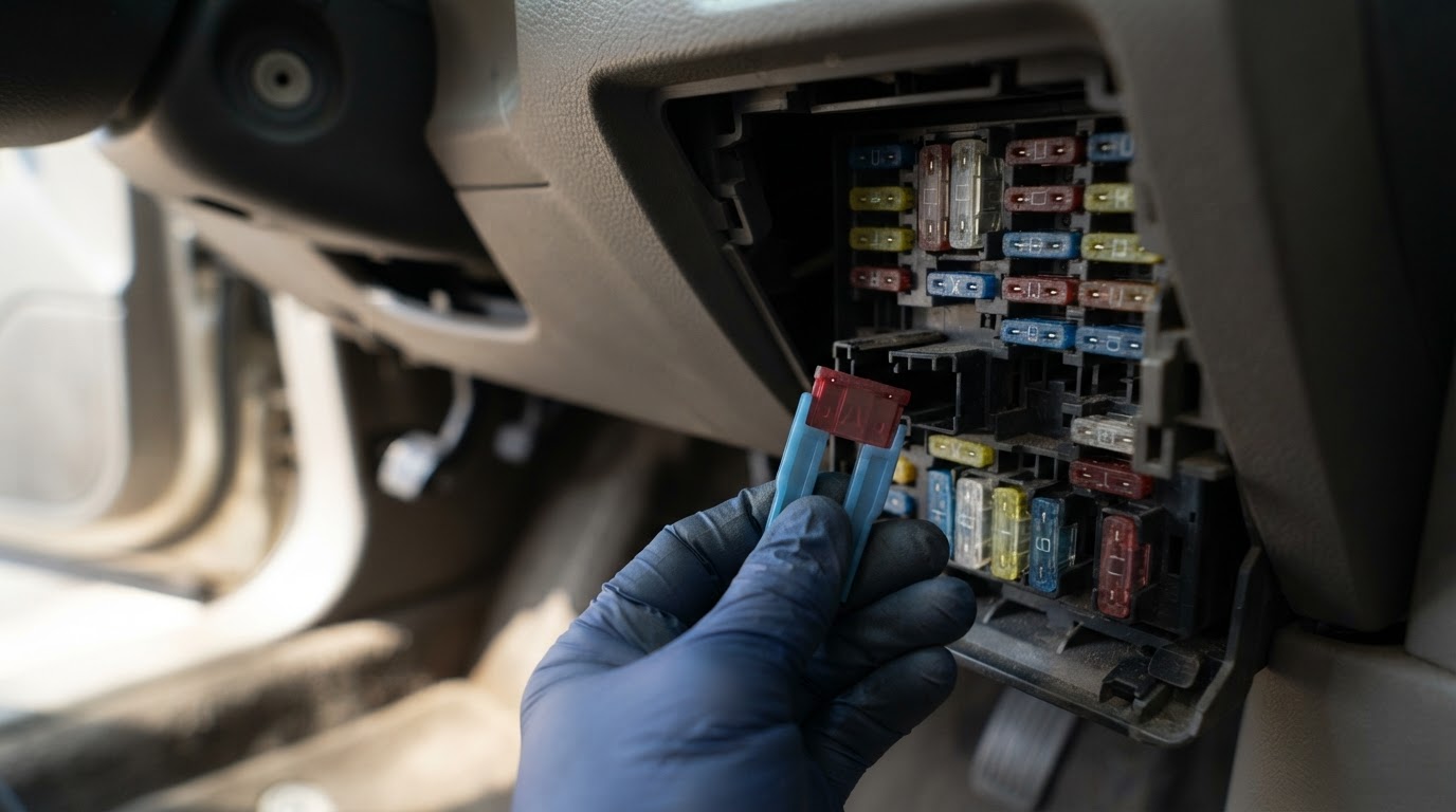 2010 Ford Taurus Fuse Box Diagram: Both Panels and Fuse Charts 4 a technician's hand using a plastic fuse puller tool to remove a green 30A mini blade fuse from a sedan's interior fuse panel, panel blurred in the background