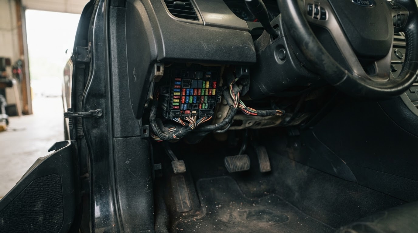 2010 Ford Taurus Fuse Box Diagram: Both Panels and Fuse Charts 2 the driver side footwell of a 2010 Ford Taurus sedan with the lower dash trim removed, revealing a fuse panel mounted under the instrument panel to the left of the steering wheel