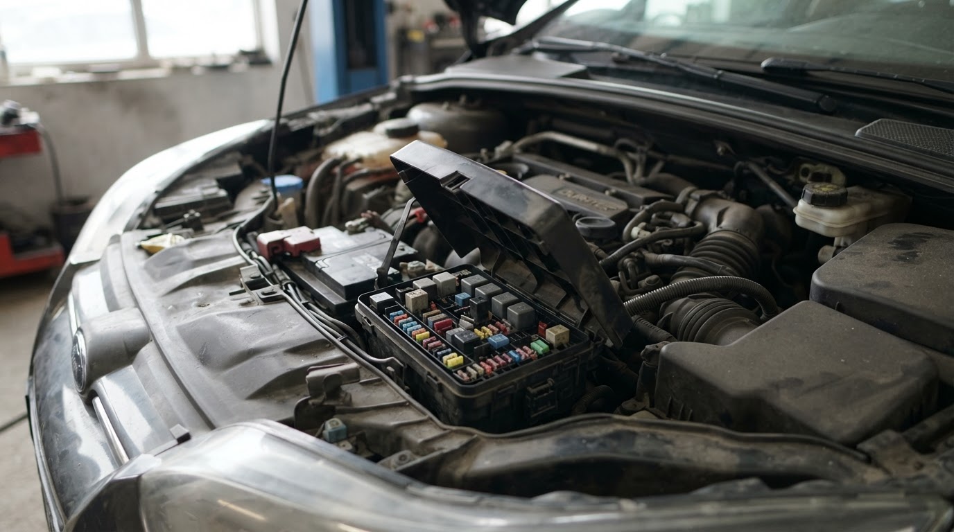 2012 Ford Focus Fuse Box Diagram: All 3 Panels, Full Charts 4 an open engine bay of a compact Ford Focus hatchback showing a black plastic power distribution fuse box cover near the battery on the driver side, cover partially lifted