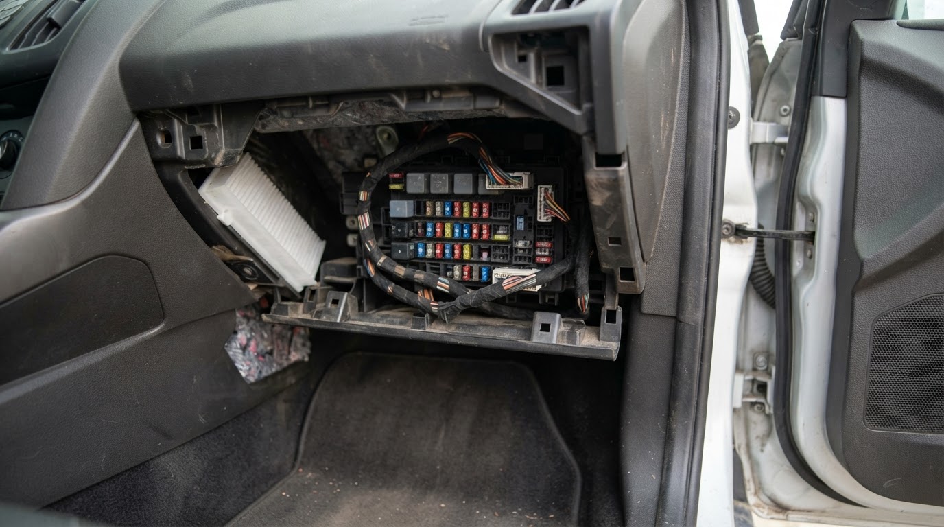 2012 Ford Focus Fuse Box Diagram: All 3 Panels, Full Charts 2 the passenger side footwell of a 2012 Ford Focus hatchback with the glove box removed, revealing a black plastic fuse panel with small colored fuses