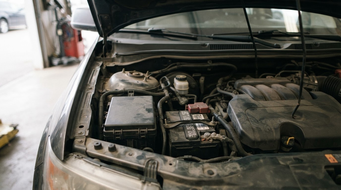 the open engine bay of a 2013 Ford Edge with the hood up, showing a black plastic power distribution fuse box with its lid closed, mounted near the battery on the driver side of the engine bay