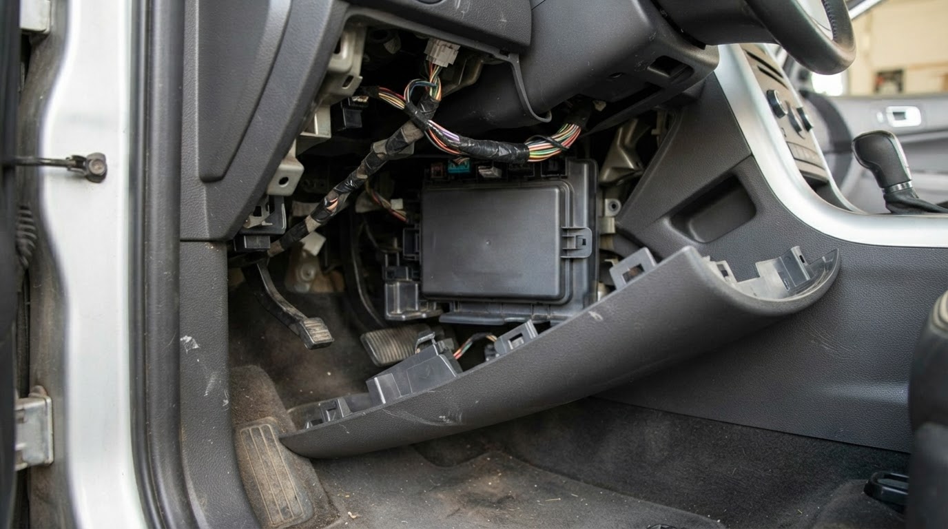 the driver side footwell of a 2013 Ford Edge with the lower trim panel pulled away near the parking brake, revealing a dark plastic fuse panel cover underneath the dash