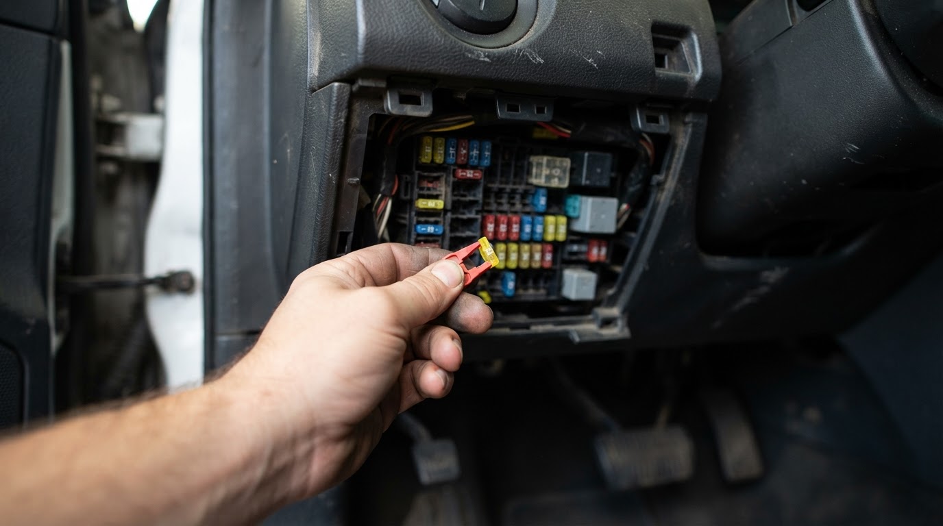 a technician's hand using a plastic fuse puller tool to remove a yellow mini blade fuse from a sedan's interior fuse panel, panel blurred in the background