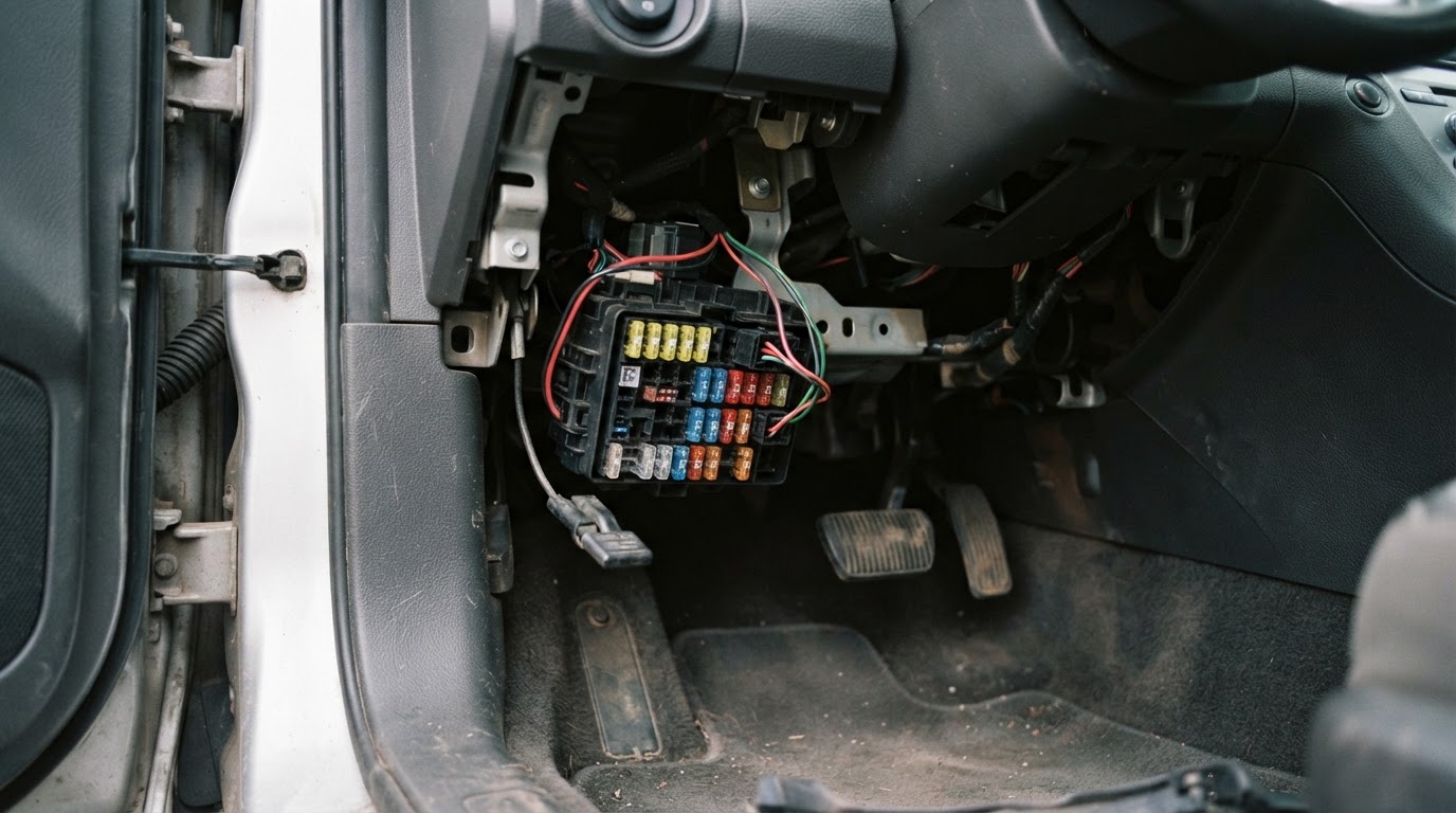 the driver side footwell of a 2013 Ford Taurus sedan with the lower dash trim panel removed, revealing a fuse panel mounted under the dash near the driver's left knee
