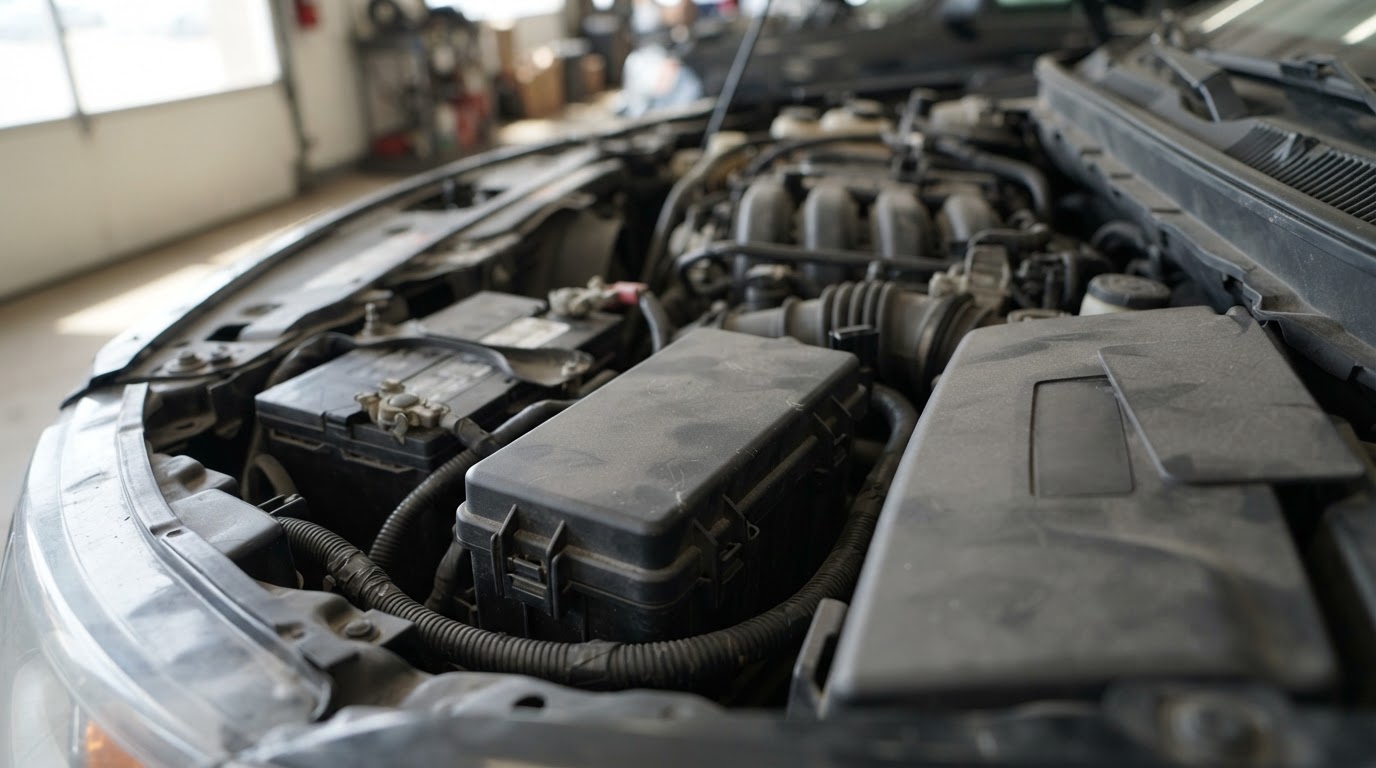 the engine bay of a 2014 Ford Edge with the Power Distribution Box fuse cover visible on the driver side next to the battery