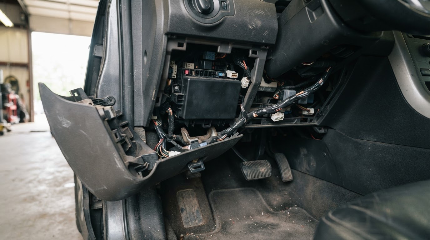 the driver side footwell of a 2014 Ford Edge with the lower trim panel pulled away near the parking brake, revealing a dark plastic fuse panel cover underneath the dash