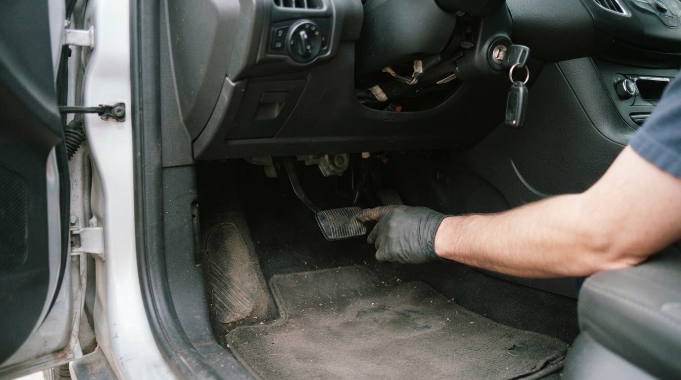 the driver side footwell of a 2012-2014 Ford Focus compact sedan, a hand pressing the accelerator and brake pedals together at the same time, conventional metal key visible in the ignition barrel, engine off, daylight through the side window