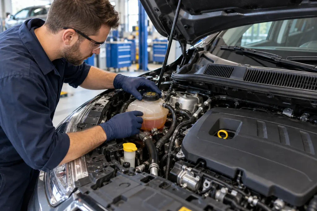 Ford Escape Years To Avoid: 2026 Worst Models Years & Common Problems 3 Mechanic inspecting coolant reservoir in a 2018 Ford Escape EcoBoost engine bay