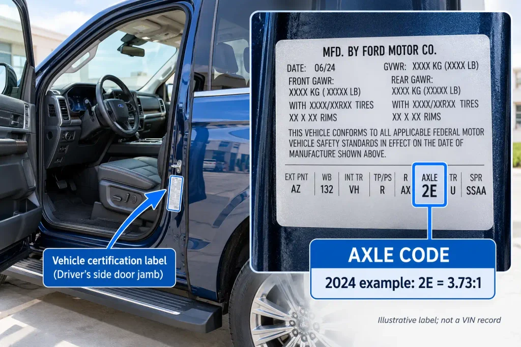 Diagram highlighting AXLE code 2E on a 2024 Ford Expedition door label