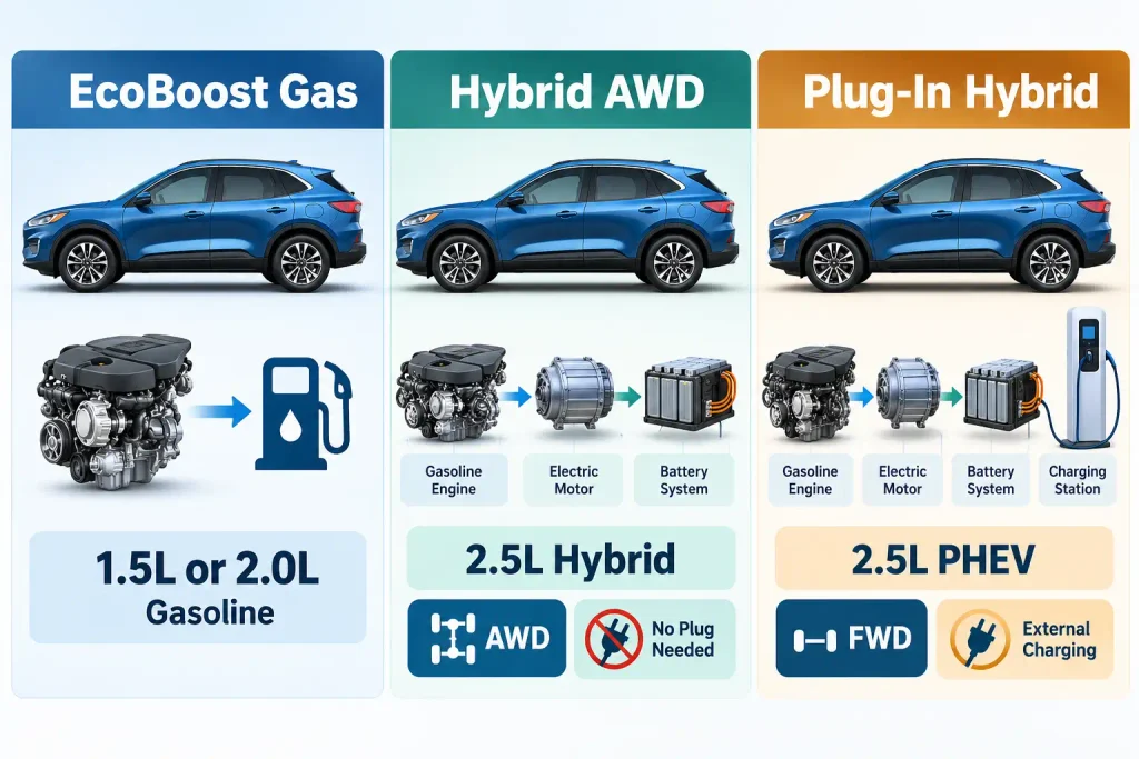 Ford Escape Model Comparison Chart: 2026 Year & Trim 3 Ford Escape EcoBoost, AWD Hybrid and FWD Plug-In Hybrid powertrain comparison.