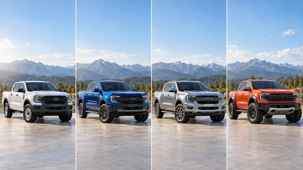 Four 2026 Ford Ranger trims arranged for a model comparison chart