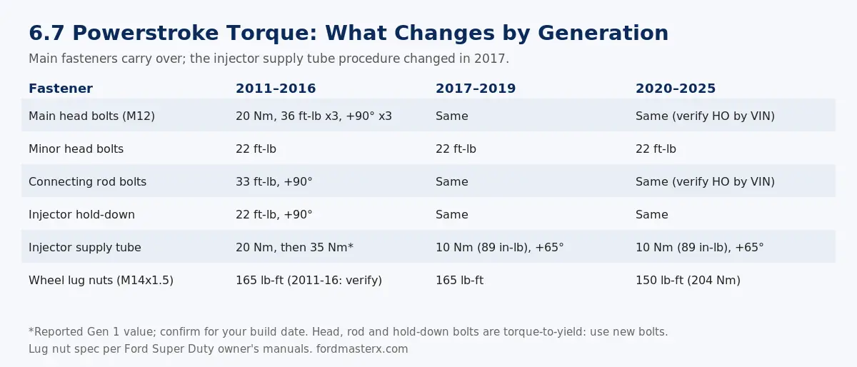 6.7 Powerstroke torque procedure changes by generation, 2011 to 2025