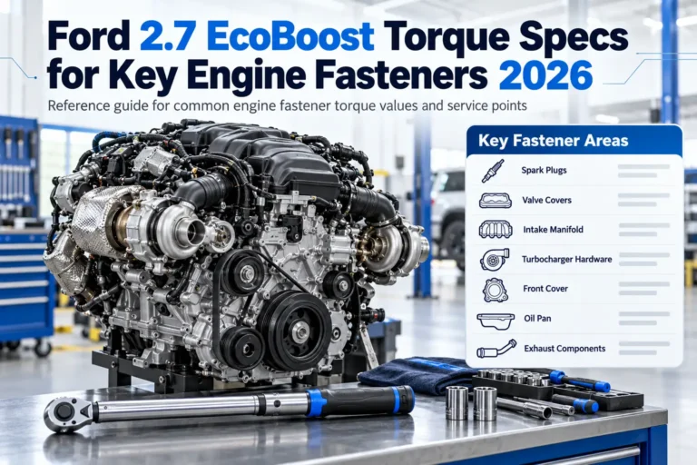 Ford 2.7 EcoBoost engine torque specs guide with torque wrench, key fasteners, and workshop tools for 2026