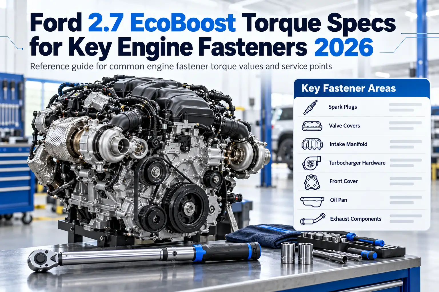 Ford 2.7 EcoBoost engine torque specs guide with torque wrench, key fasteners, and workshop tools for 2026