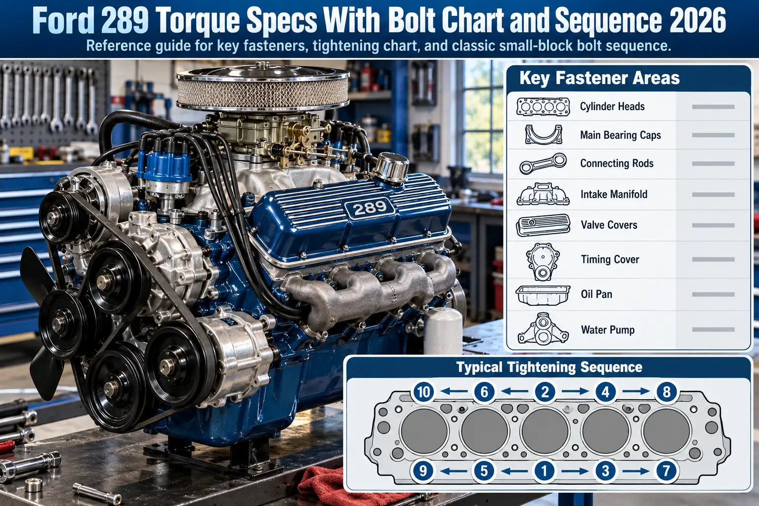 Ford 289 V8 torque specs guide showing engine fastener chart and cylinder head bolt tightening sequence.