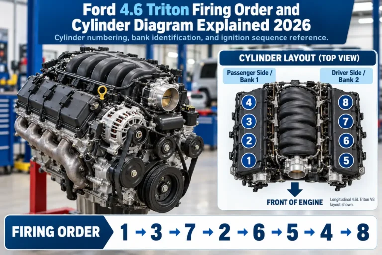 Ford 4.6 Triton V8 firing order 1-3-7-2-6-5-4-8 with labeled cylinder numbering and engine bank diagram.