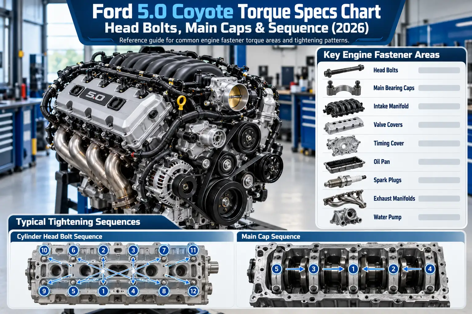 Ford 5.0 Coyote Torque Specs Chart: Head Bolts, Main Caps & Sequence (2026) 1 Ford 5.0 Coyote V8 torque specs chart showing key engine fastener areas, cylinder head bolt sequence, and main bearing cap tightening sequence