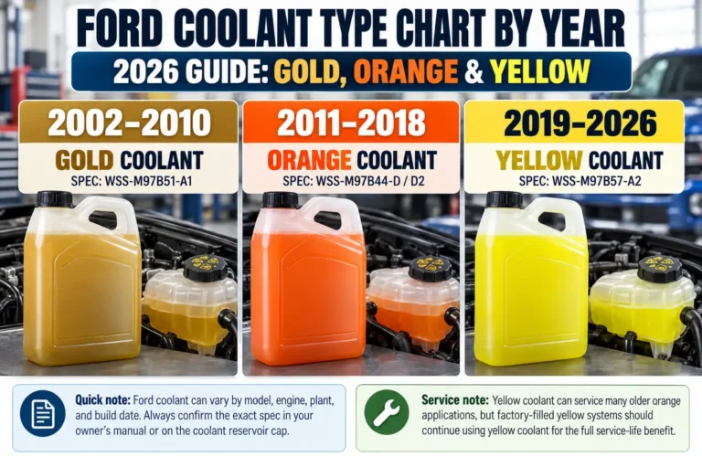 Ford coolant type chart comparing Gold (2002–2010), Orange (2011–2018), and Yellow (2019–2026) antifreeze with coolant specification codes