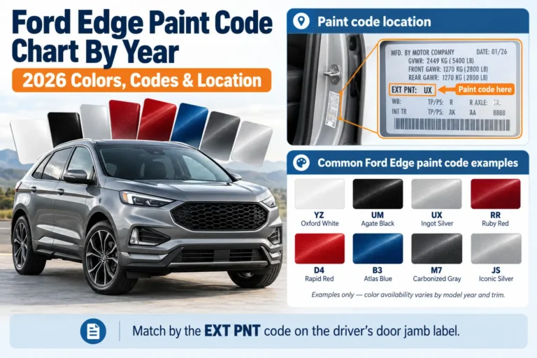 Ford Edge paint code chart showing exterior color swatches, paint codes, and the EXT PNT code location on the driver's door jamb label.