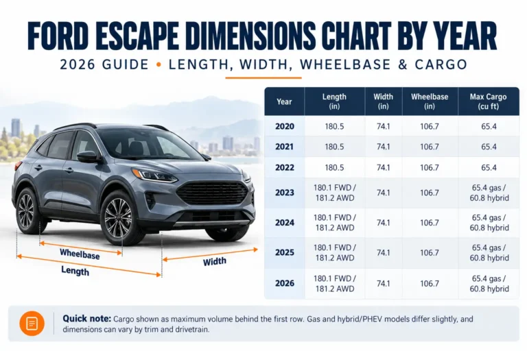 Ford Escape dimensions chart for 2020–2026 comparing length, width, wheelbase, and cargo capacity for gas, hybrid, and plug-in hybrid models