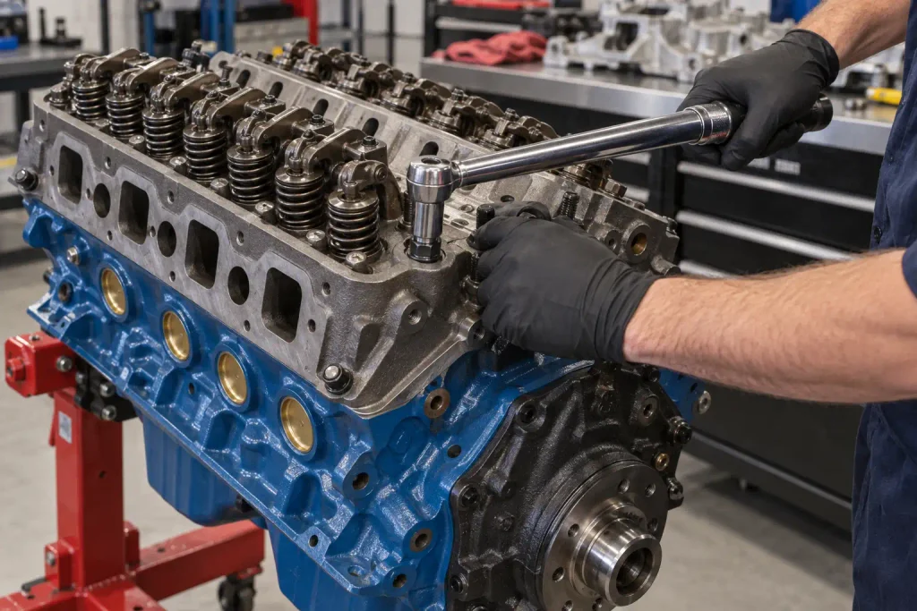 Torque wrench positioned on a Ford 351 Windsor cylinder head bolt