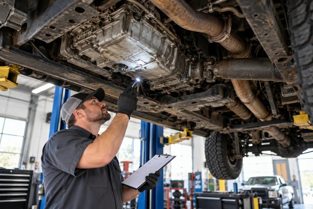 Ford 7.3 Powerstroke Years to Avoid - Before You Buy 2026 3 Technician inspecting transmission beneath an early-2000s Ford Super Duty truck