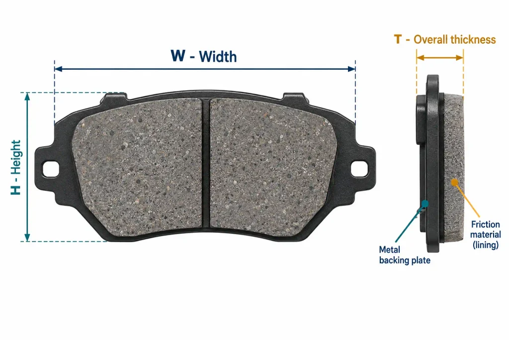 Brake pad measurement diagram showing width height and overall thickness for Ford F150