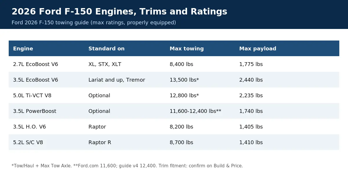 2026 Ford F-150 engines by trim with Ford max towing and payload ratings