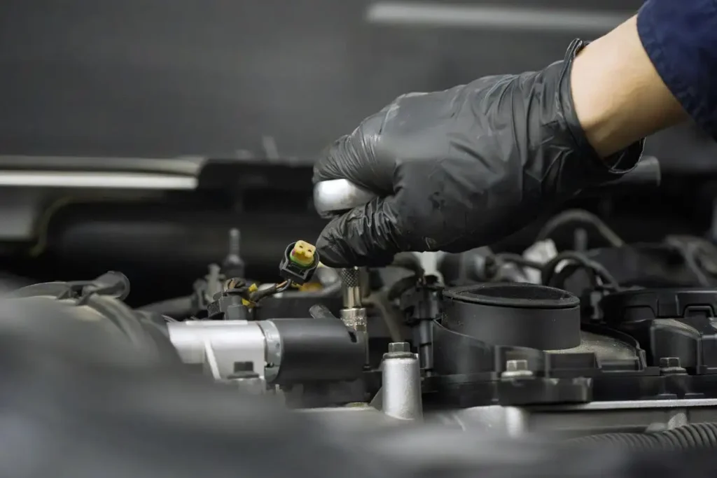 Technician inspecting ignition coil wiring on a Ford F-150 2.7 EcoBoost engine.