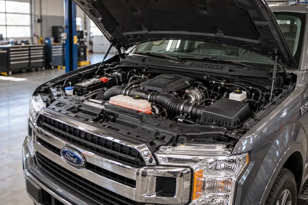 Ford 3.5 EcoBoost engine diagram article featuring an open-hood F-150 engine bay