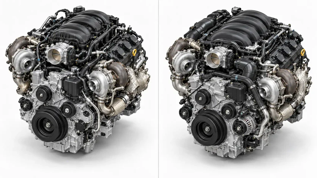 First and second generation Ford 3.5 EcoBoost V6 engine layout comparison