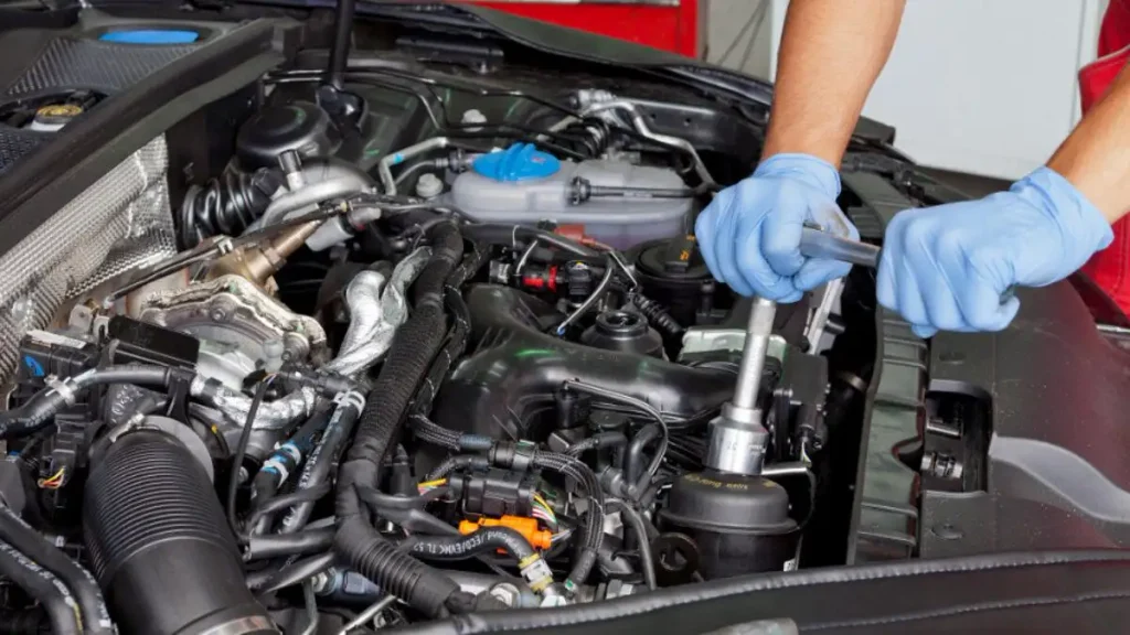 Ford 3.5 EcoBoost Torque Specs Chart by Year 2011-2026 3 Technician using a torque-angle wrench on a Ford 3.5 EcoBoost engine fastener.